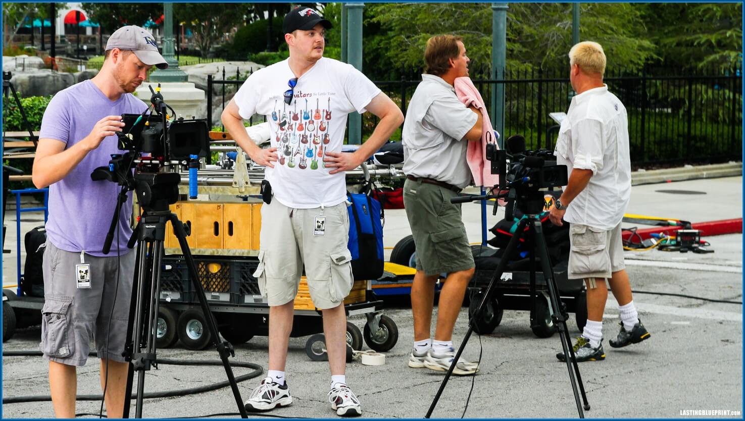 Film crew working on outdoor movie set