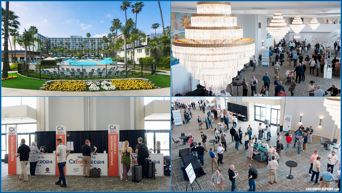 Collage of town and country resort’s exterior in san diego, a chandelier-lit conference area, attendees at registration booths, and networking groups engaging at cxenergy 2024.