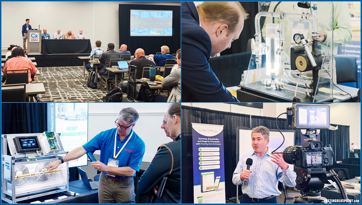 At cxenergy 2024 in san diego's town and country resort, a conference features attendees in a seminar, a man demonstrating a tech device, two people discussing a machine, and a speaker being filmed.