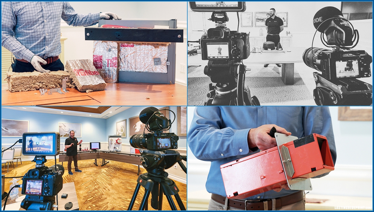 A collage of four images showing a camera setup for videography, a person presenting different materials, and close-ups of the camera screens and presented items.