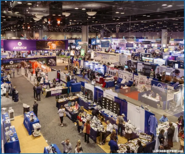 Busy trade show floor with exhibitors and attendees