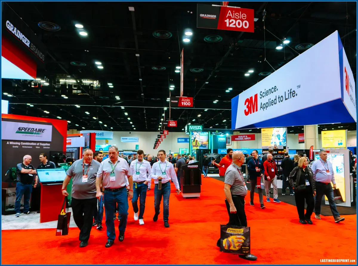 Attendees walking at a busy trade show event