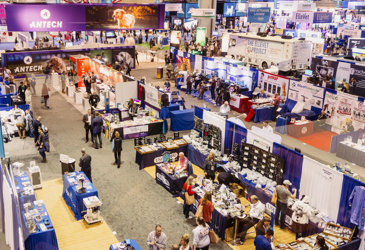 Exhibit hall floor at orange county convention center during vmx trade show with booths and attendee traffic
