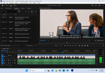 Adobe Premiere Pro showing a transcript and captions for a conference panel video.