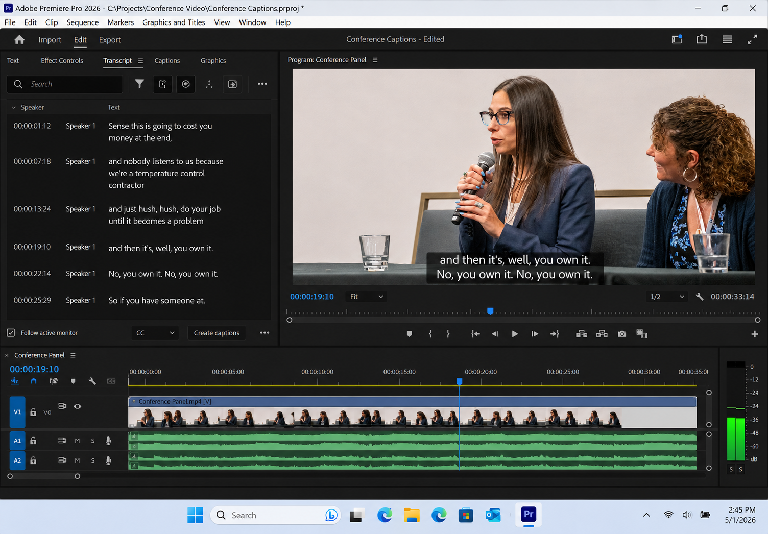 Adobe premiere pro transcript and captions workflow for a conference panel video.