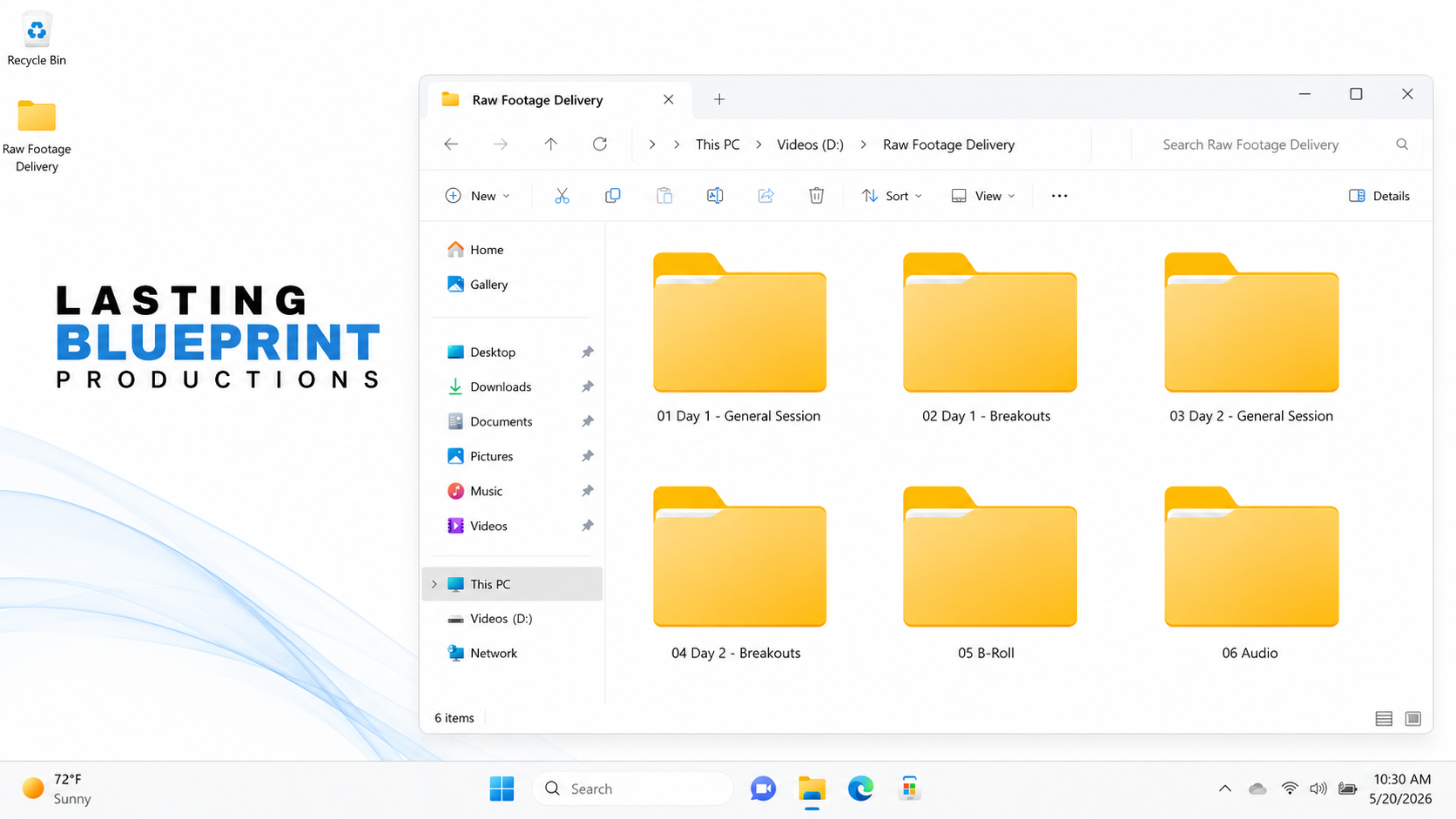 Organized conference raw footage and audio folders displayed in windows 11 file explorer