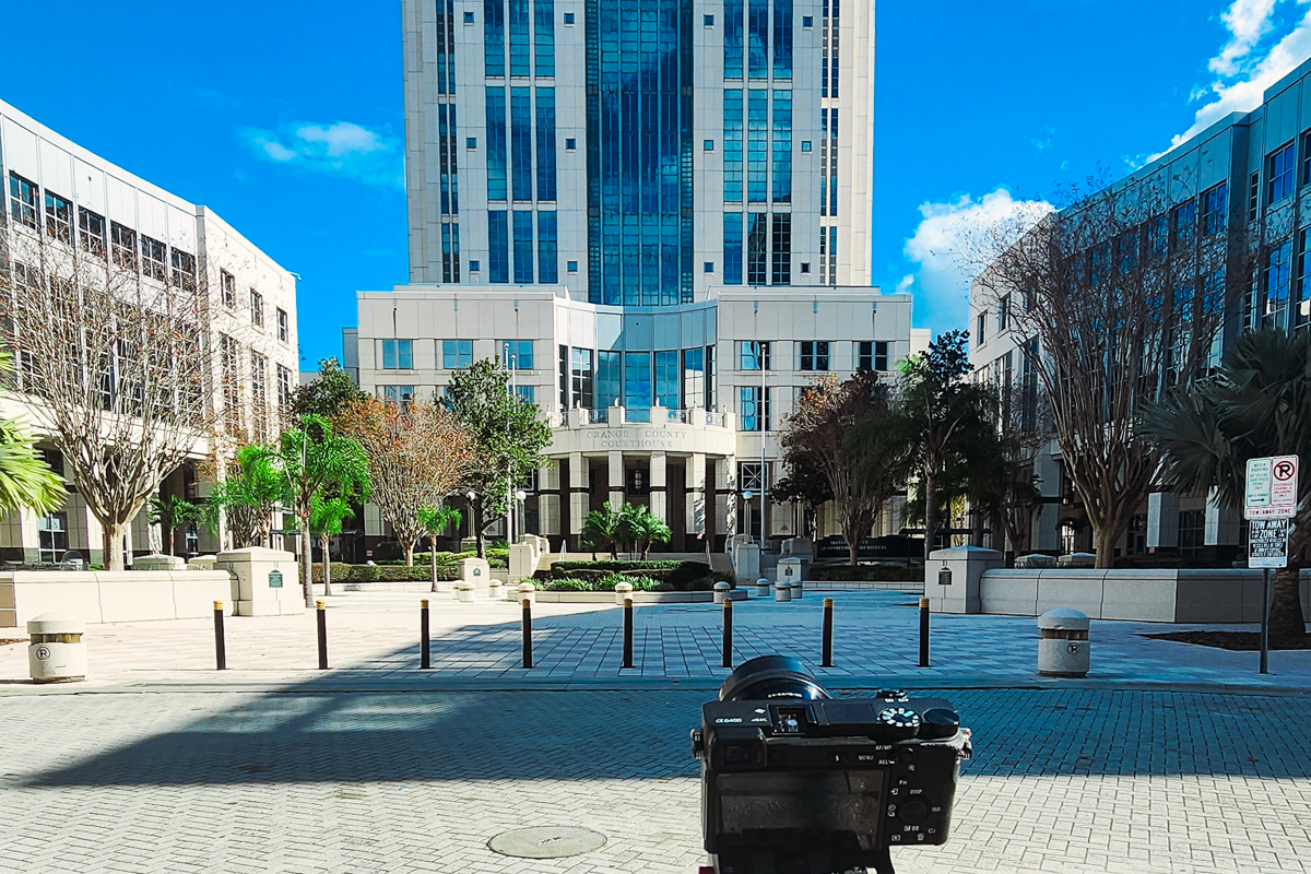 Camera set up for location filming outside the orange county courthouse in orlando.