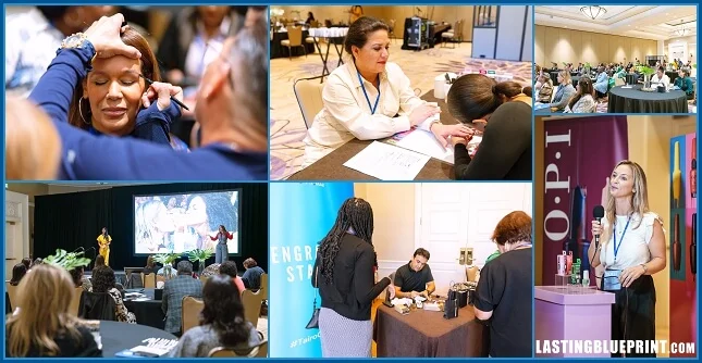 Collage of images showing people participating in various activities at an event, including a person receiving a head massage, attendees at a conference, and interactions at booths. Title: lastingblueprint. Com.